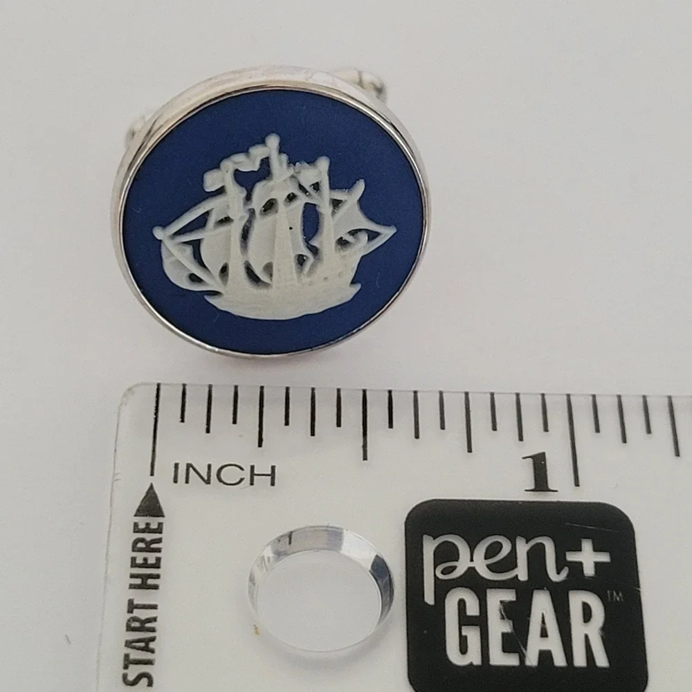 Wedgwood Blue Jasperware Sailing Ship Cufflinks Vintage Silver Tone England